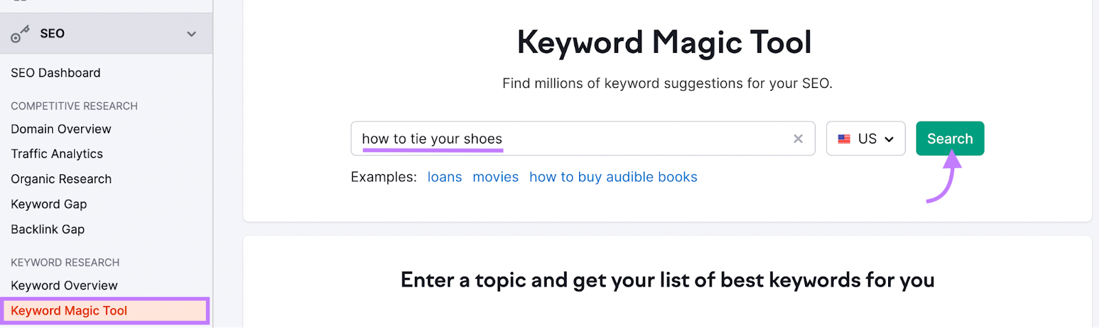 "cómo atarse los zapatos" introducido en la barra de búsqueda de Keyword Magic Tool