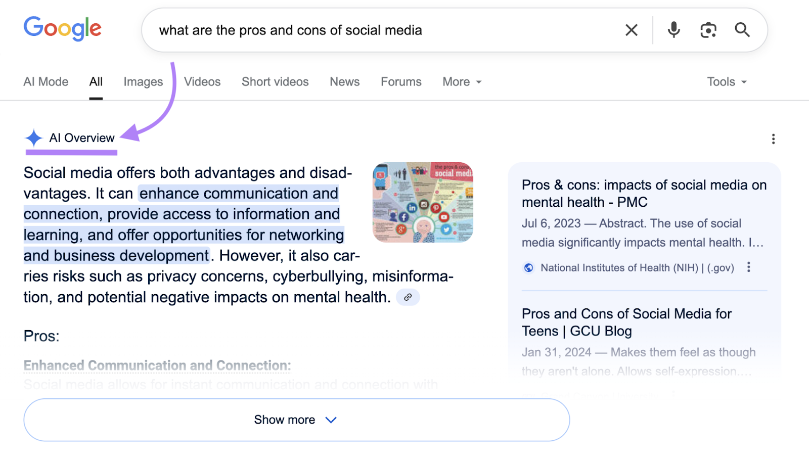 A Visão Geral de IA aparece com um símbolo de estrela no topo da página de resultados de pesquisa (SERP).