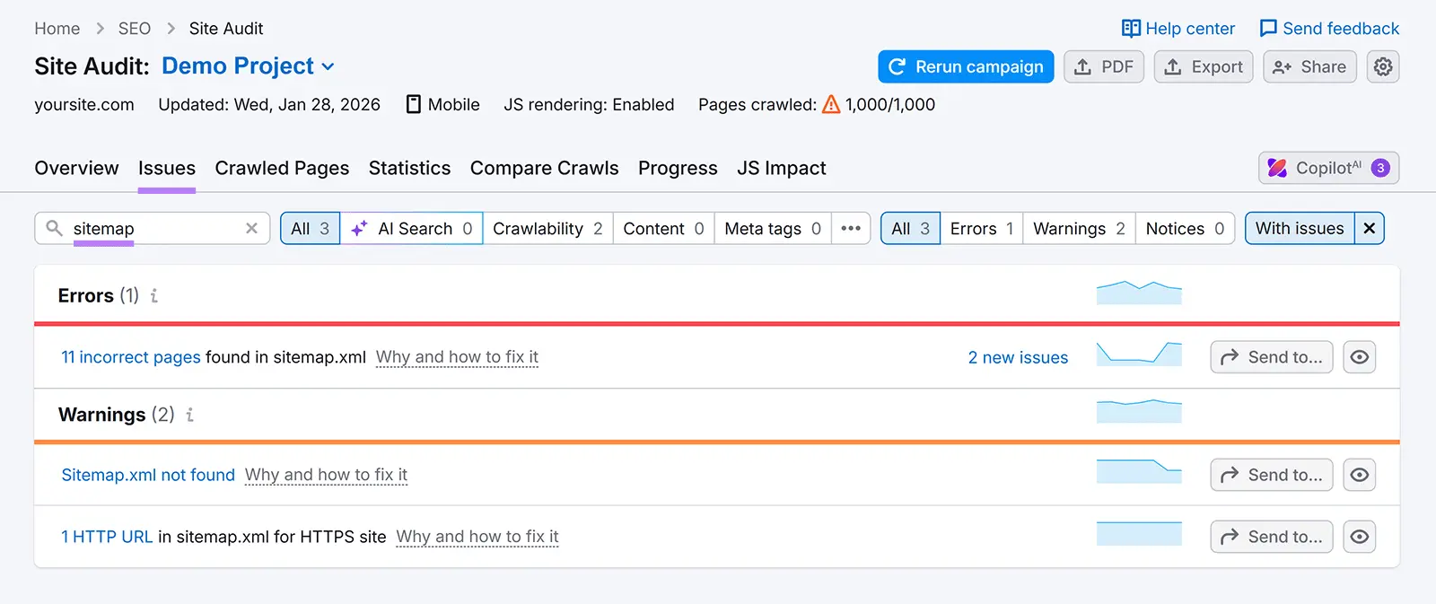 Semrush Site Audit showing sitemap errors and warnings, including incorrect pages and a missing sitemap.xml file