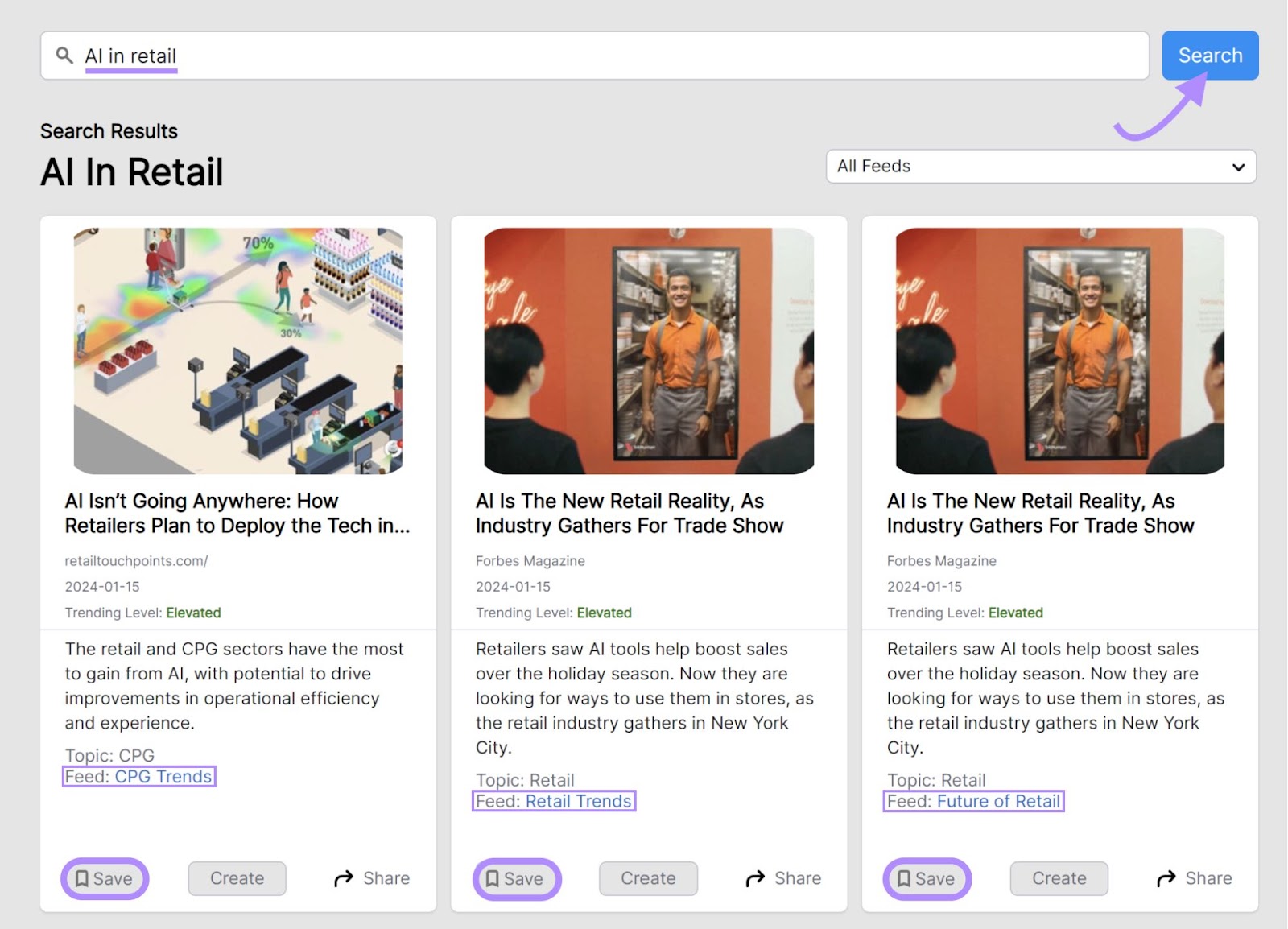 Searching for "AI in retail" in TrendFeed app