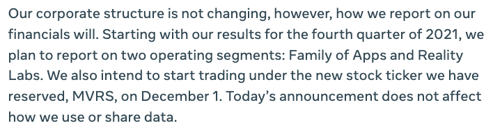 Sección del comunicado de prensa de Meta sobre cómo repercutirá el cambio de marca tanto en los usuarios como en los inversores