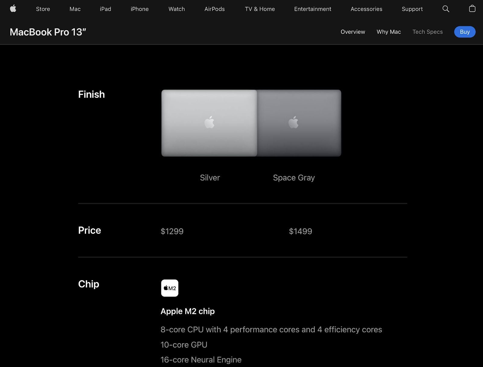 página de especificaciones del producto