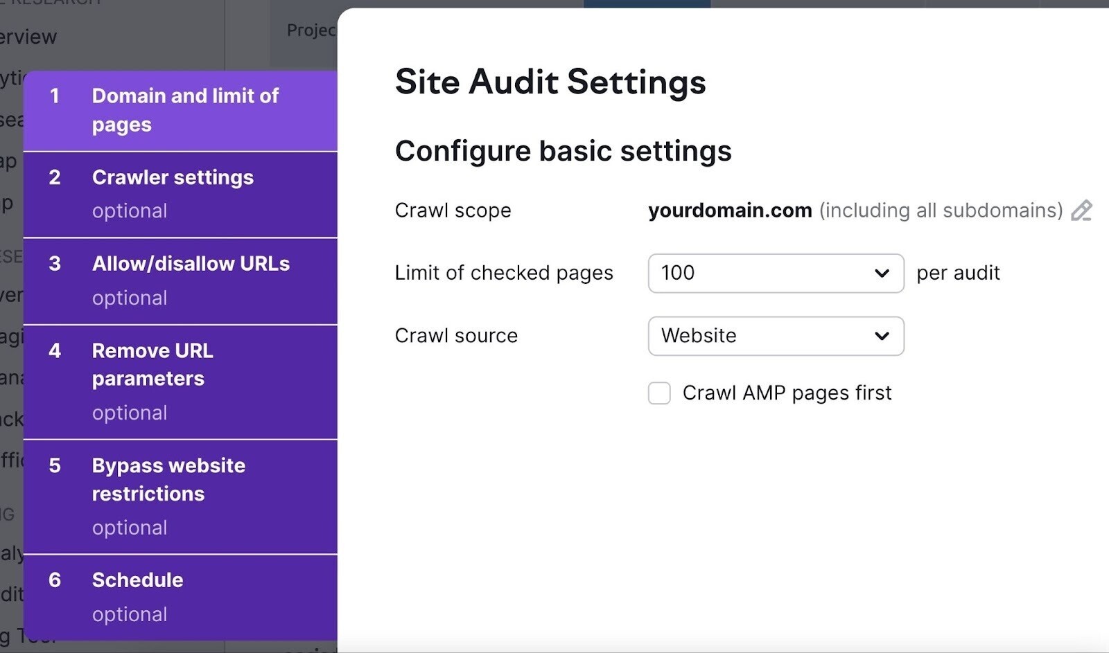 Ventana emergente de Configuración de la Auditoría del Sitio
