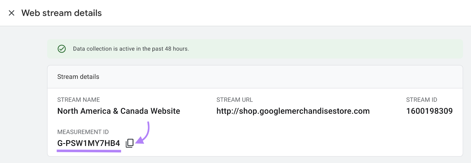 "ID de medición" en Detalles del flujo en Google Analytics.