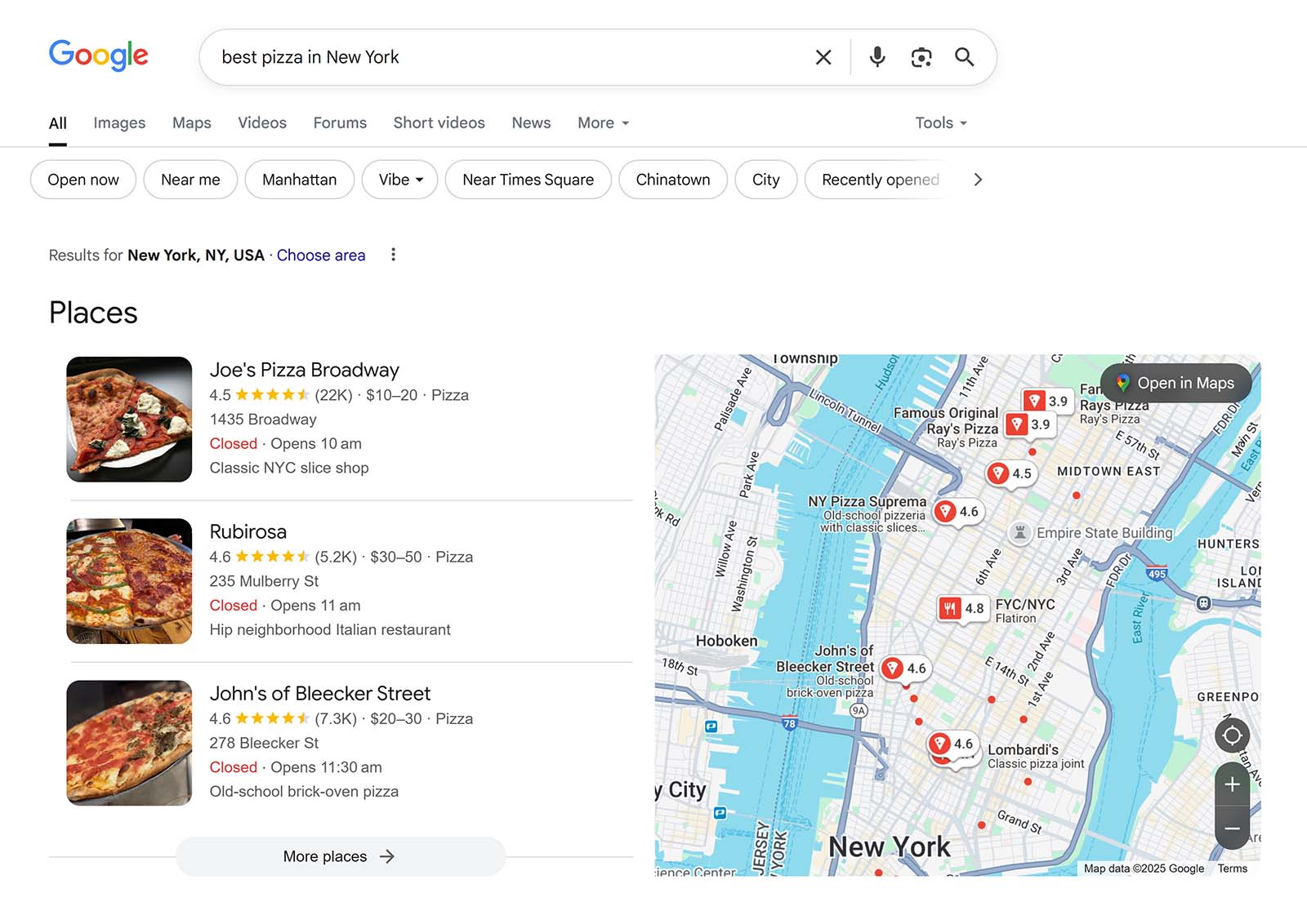 Google search results showing the local 3-Pack for “best pizza in New York” with listings plus a map on the right