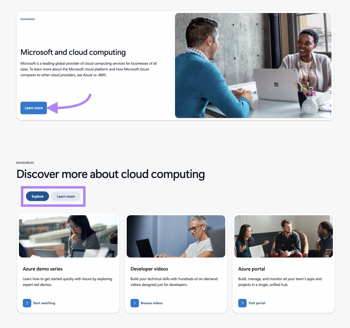 A CTA for Microsoft's cloud computing services and links to more resources about the topic at the bottom of a pillar page.