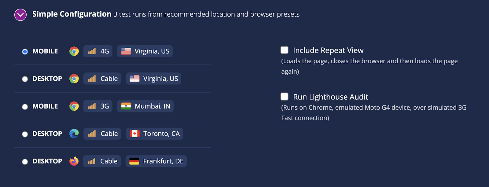 Configuración simple en WebPage Test