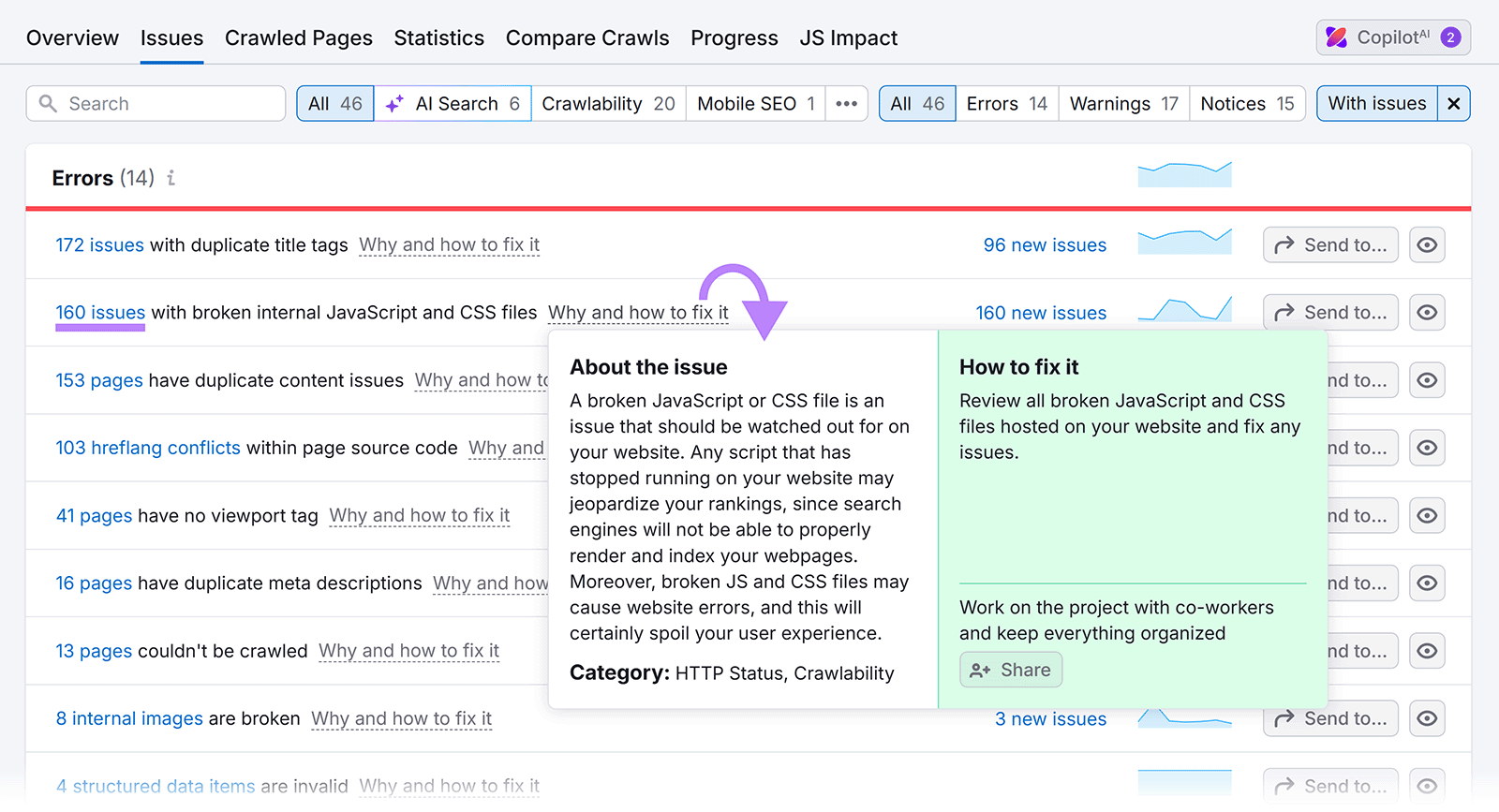 Ventana emergente “¿Por qué y cómo solucionarlo?” en la Auditoría del sitio