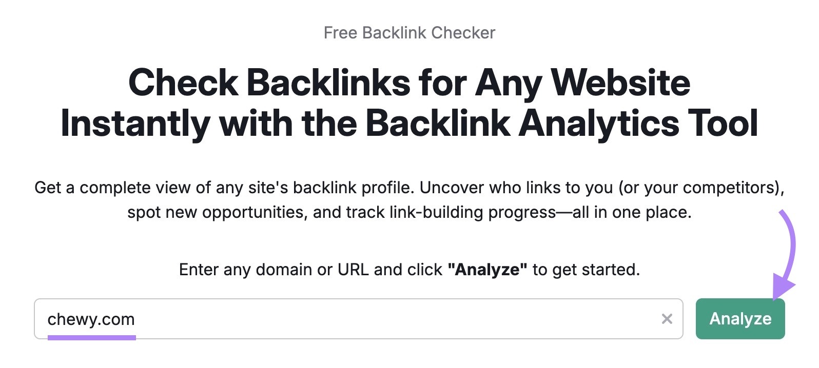 Backlink Checker with "chewy.com" entered as the domain and "Analyze" clicked.