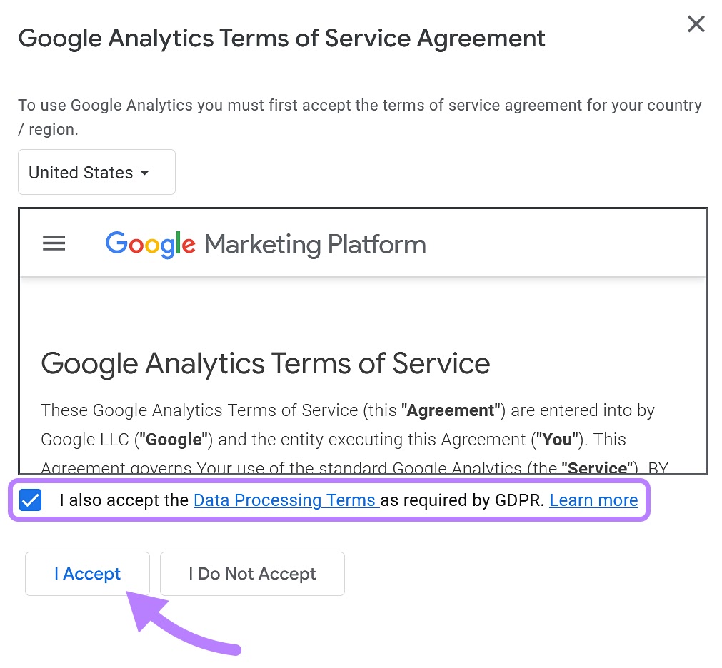 Accept Google Analytics Terms of Service Agreement