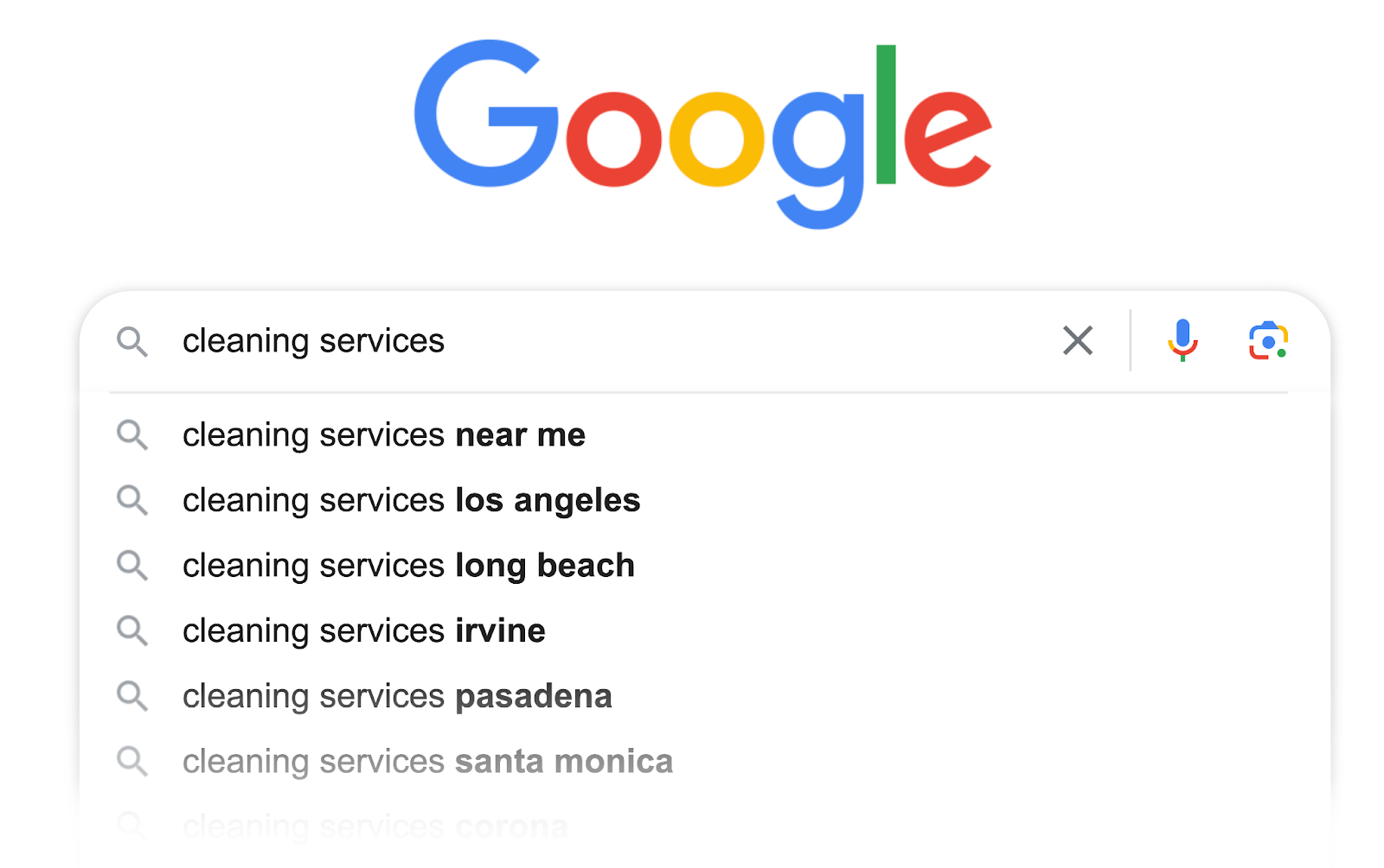el autocompletado de google para servicios de limpieza muestra palabras clave como cerca de mi, los angeles, long beach, y más