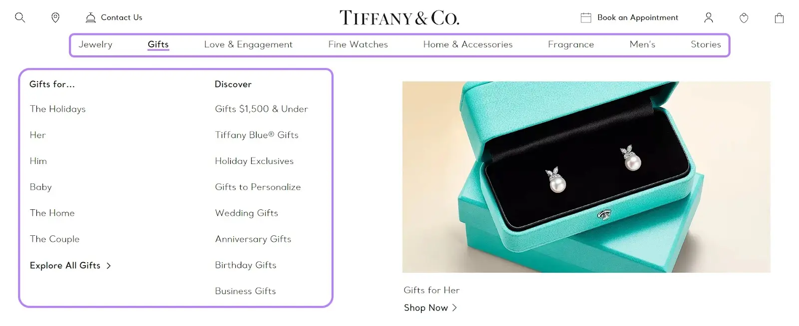 Menús de navegación horizontales y desplegables en el sitio web de Tiffany & Co.