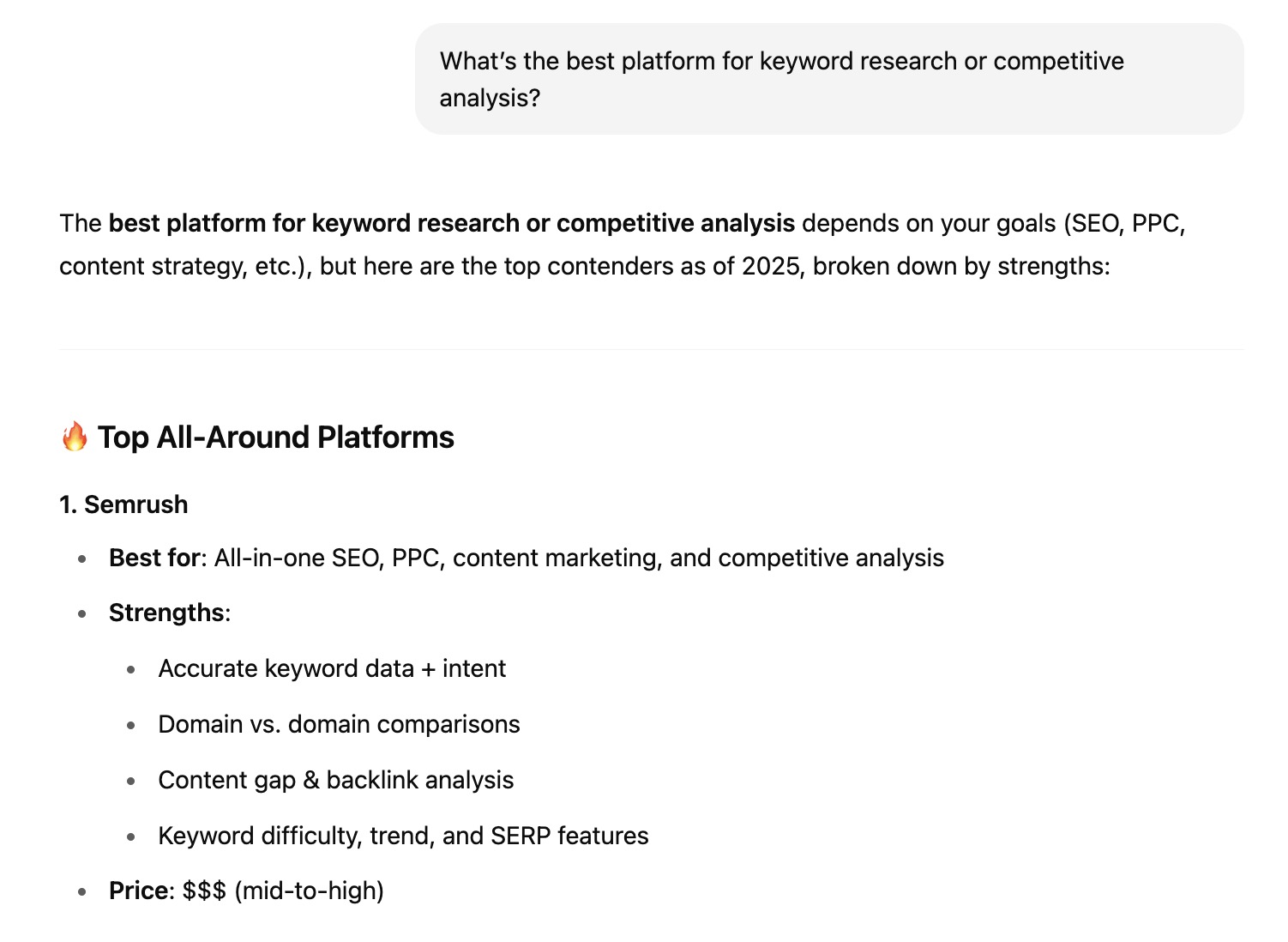 AEO example on ChatGPT with a query asking for the best platform for keyword research or competitive analysis and "Semrush" appearing as the top result.