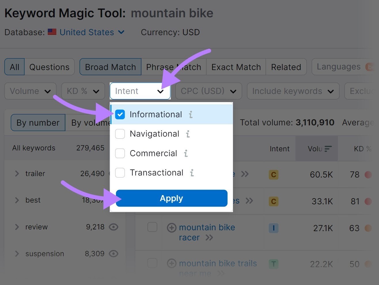 Menu a tendina del filtro "Intent" in Keyword Magic Tool