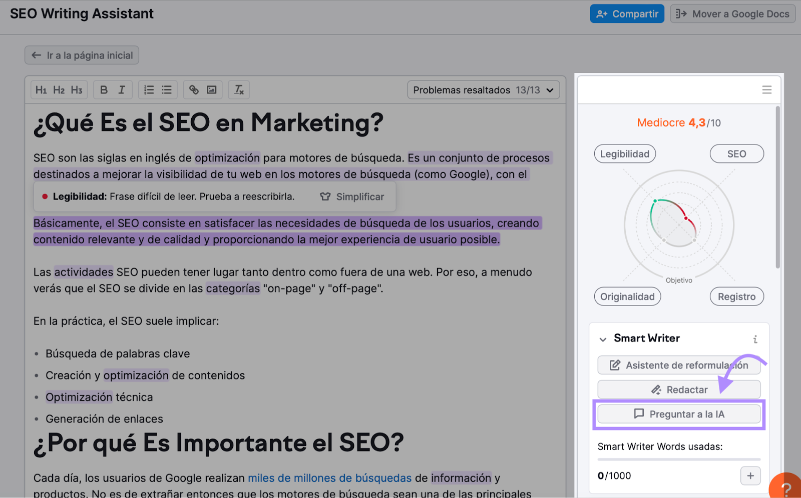 SEO Writing Assistant de Semrush "preguntar a la IA"