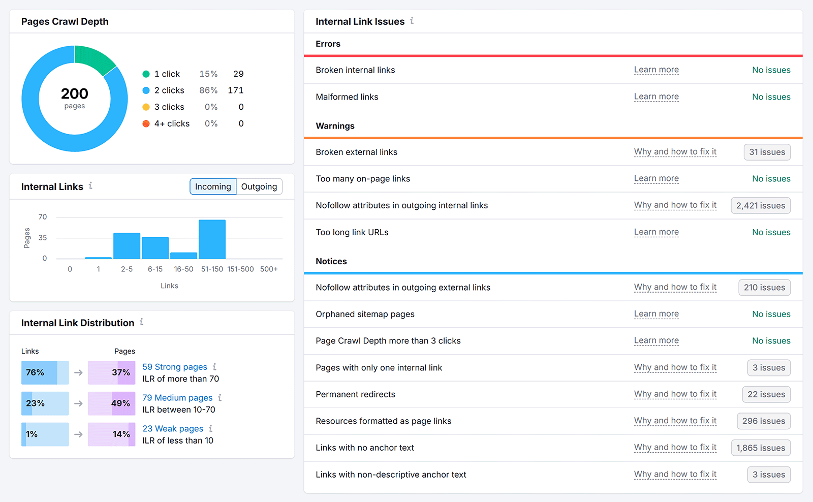 Site Audit Internal Linking report showing Pages Crawl Depth, Internal Links, Internal Links Distribution, and Internal Link Issues data.