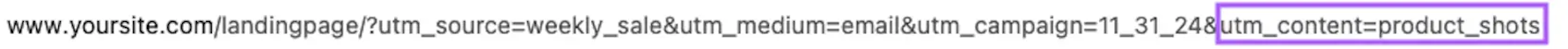 UTM-Inhaltsparameter „utm_content=product_shots“, hervorgehoben am Ende einer URL