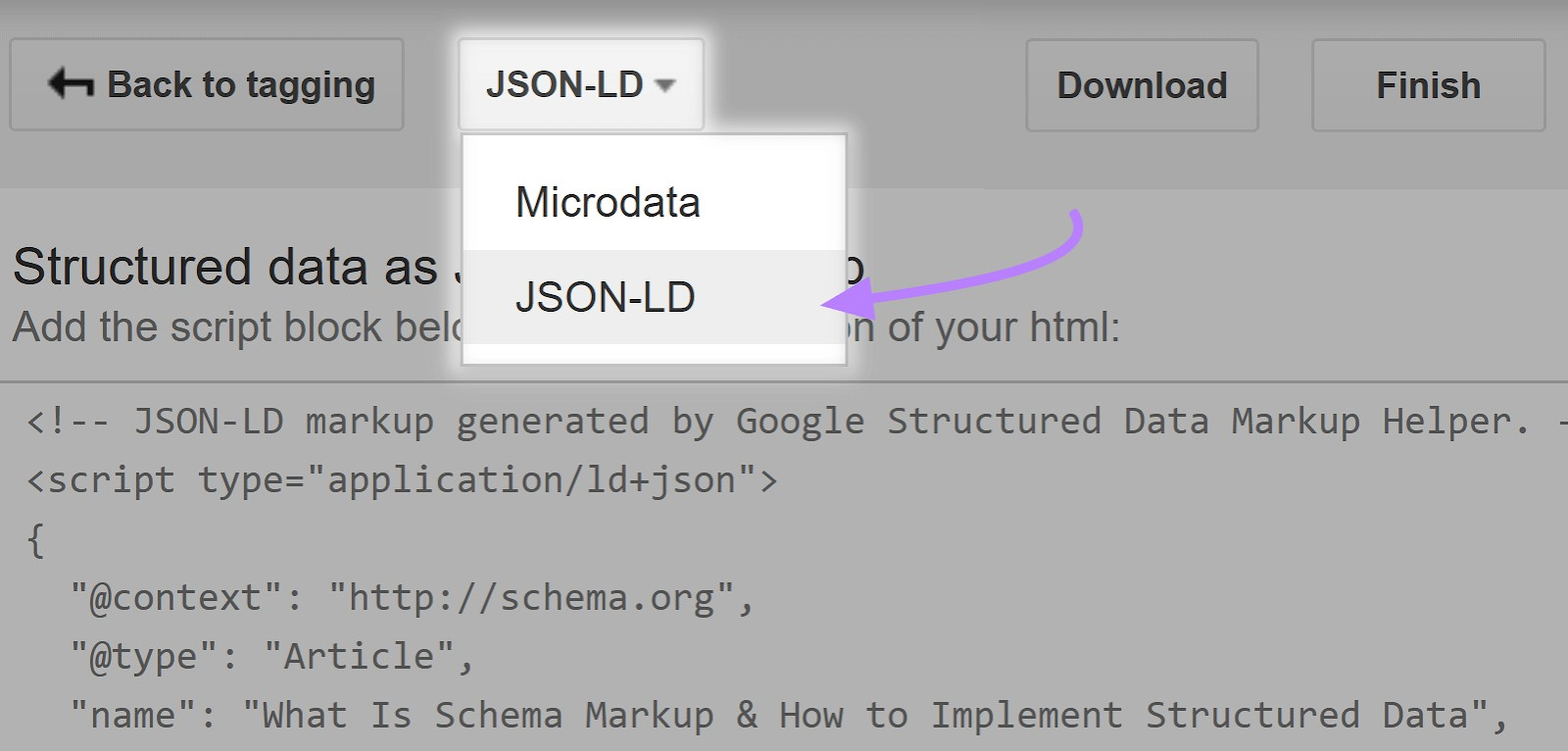 menú desplegable con las opciones "JSON-LD" y "Microdatos
