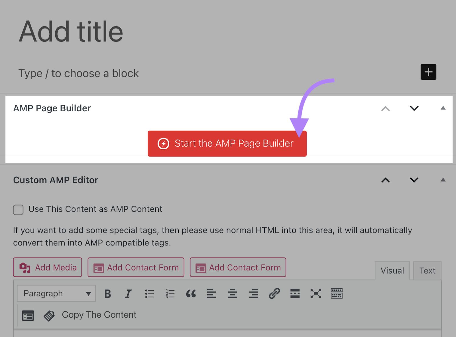 Schaltfläche "AMP Page Builder starten" hervorgehoben