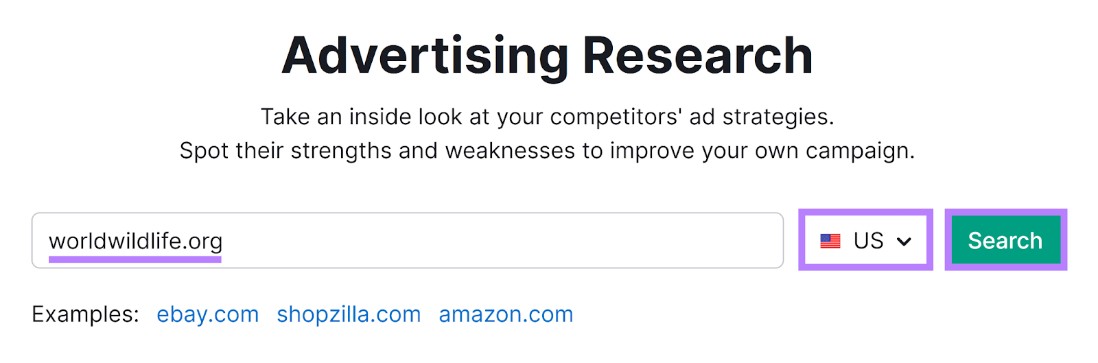A ferramenta de pesquisa de publicidade do Semrush começa com o domínio inserido, a localização selecionada e o botão de pesquisa destacado.