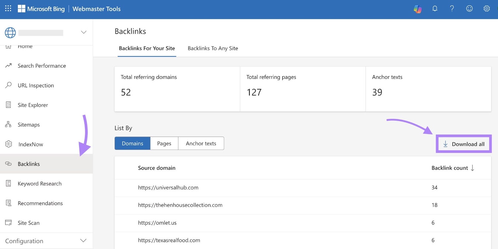 "Backlinks" report on Bing Webmaster Tools with the "Download all" button highlighted.