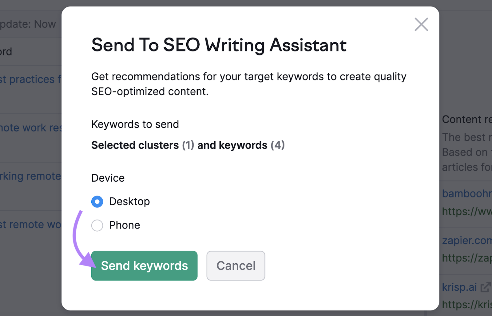 "Ventana emergente "Enviar al Asistente de Redacción SEO