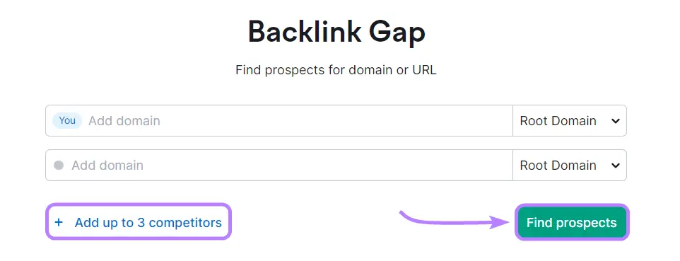 Lo strumento Backlink Gap inizia con la freccia verso il pulsante Trova potenziali clienti.