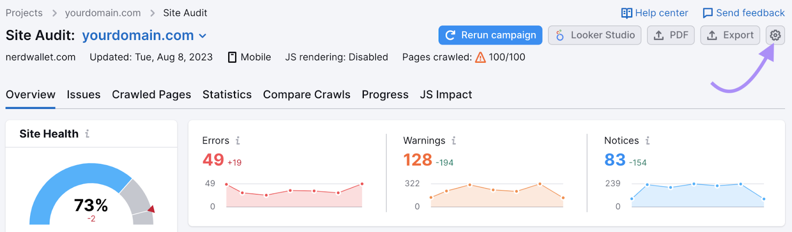 ícone “configurações” destacado no canto superior direito do painel de Auditoria do Site