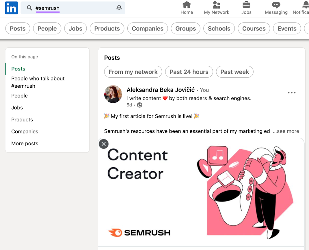 Publicaciones en LinkedIn que incluyan el hashtag #semrush