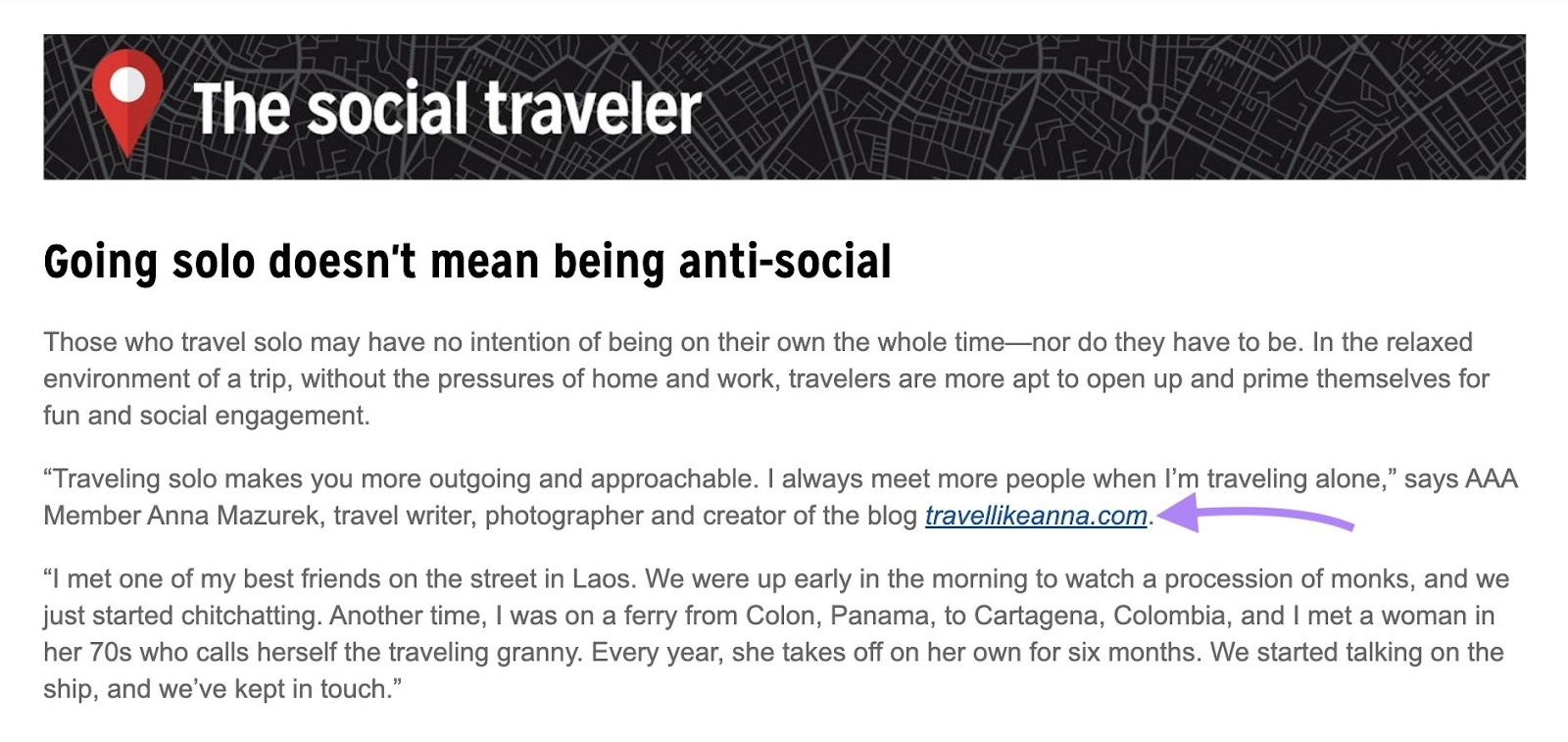 An external link on a travel blog linking to another article with useful advice for the reader.