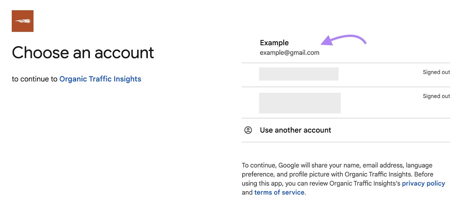 Opción de elegir entre una lista de cuentas de Google para conectar con los datos de tráfico orgánico con la primera cuenta seleccionada.