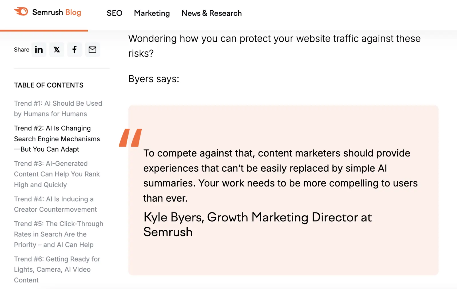A quote from a subject matter expert included in a blog post by Semrush.