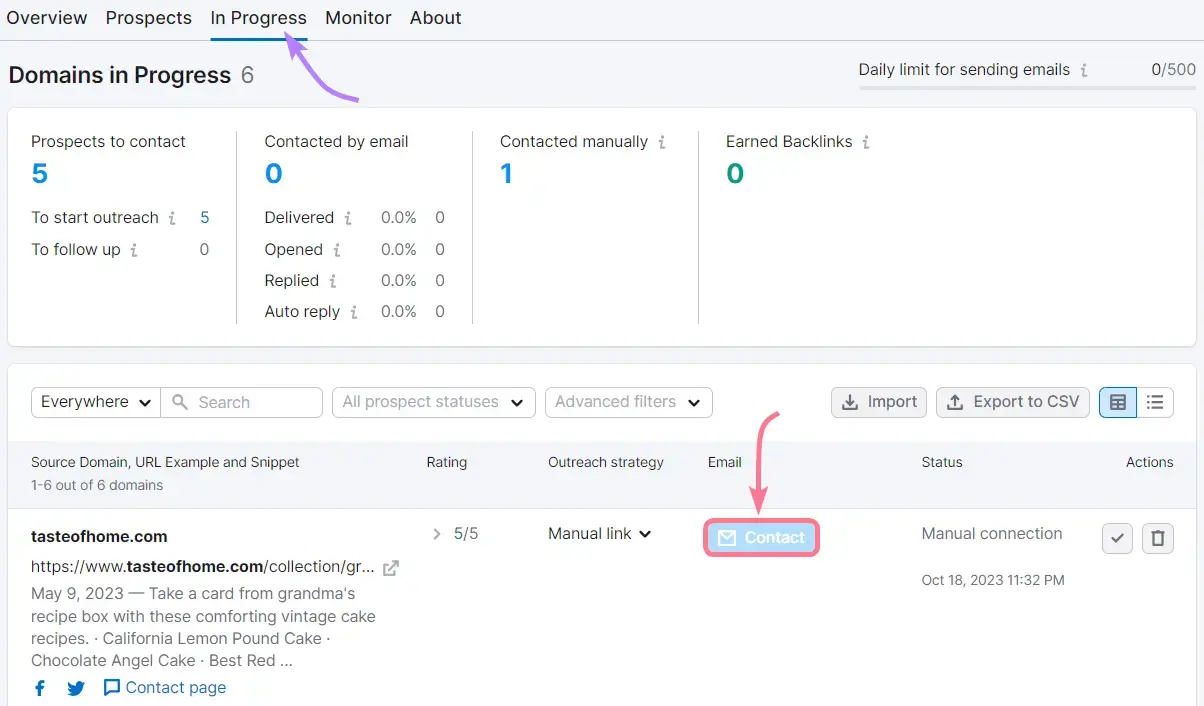 Scheda In corso aperta con freccia che punta al pulsante Contatto nella tabella Domini in corso.