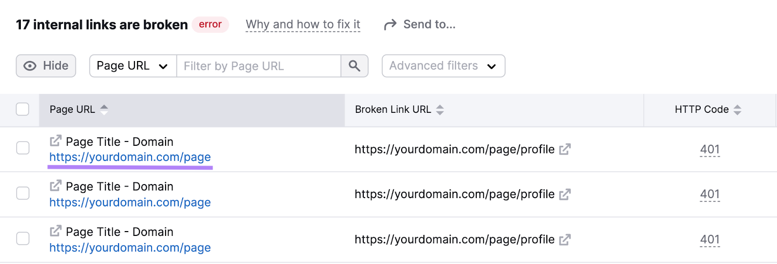 lista de URL de páginas y la URL de enlace roto