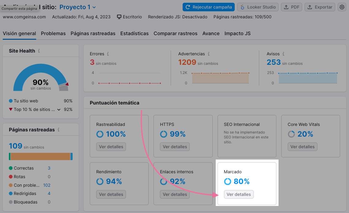 Ver detalles del marcado con Semrush.