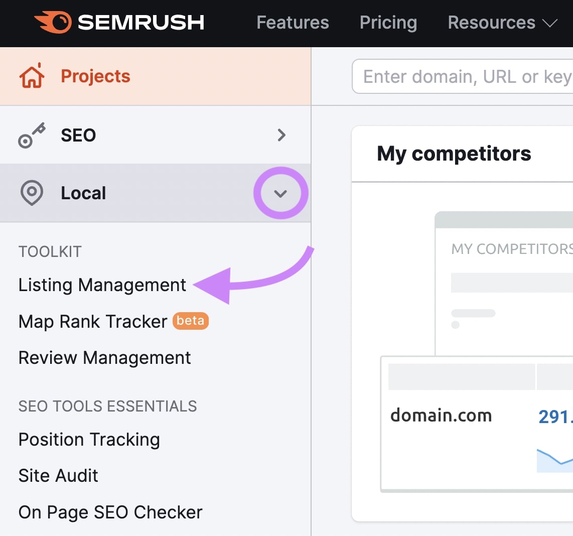 "Gestión de listados" seleccionado en "SEO local" del menú de Semrush