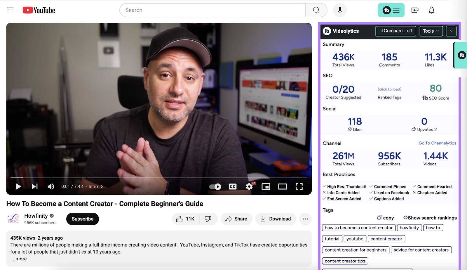 La barre latérale de videolytics est mise en évidence à côté d'une vidéo youtube.