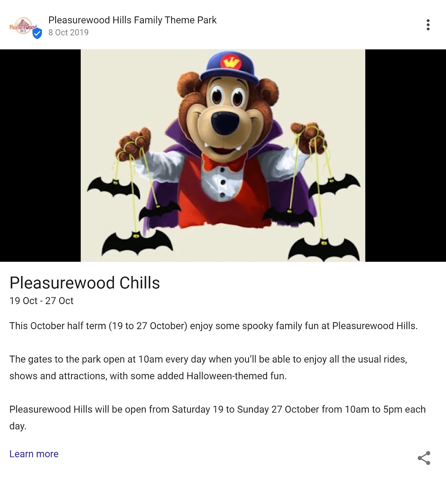 Veranstaltungsbeitrag im Google-Unternehmensprofil des Pleasurewood Hills Family Theme Park