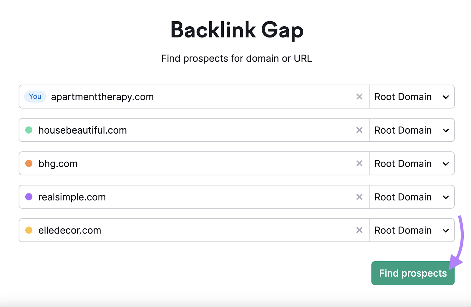 Barras de búsqueda de la herramienta Backlink Gap