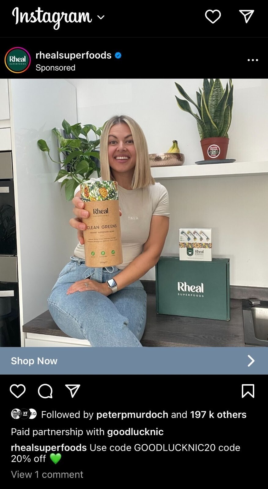 Publicación patrocinada en Instagram de Rheal Superfoods con Nicole Robinson