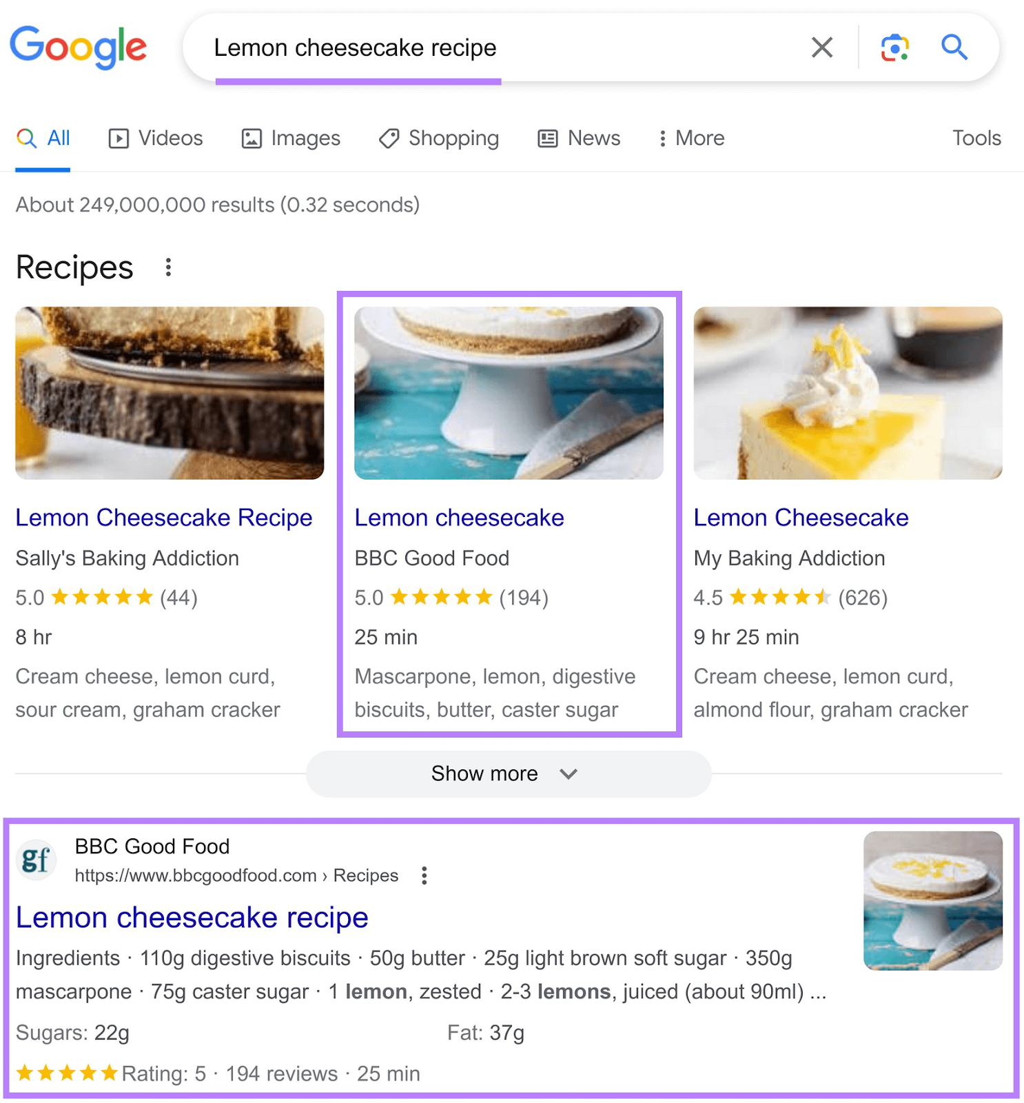 BBC Good Food clasifica para la consulta "Receta de tarta de queso y limón".