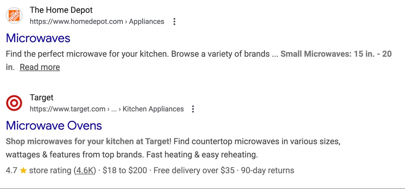 Google SERP for the term “small microwave under $200” showing a simple blue link result and a rich result with a rating, price, and delivery options.