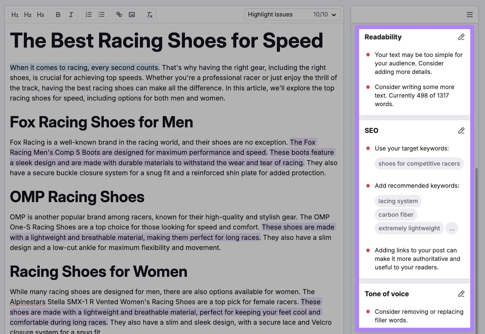 Recommandations de contenu classées par lisibilité, référencement (SEO), ton, etc. sur l'assistant de rédaction Semrush.