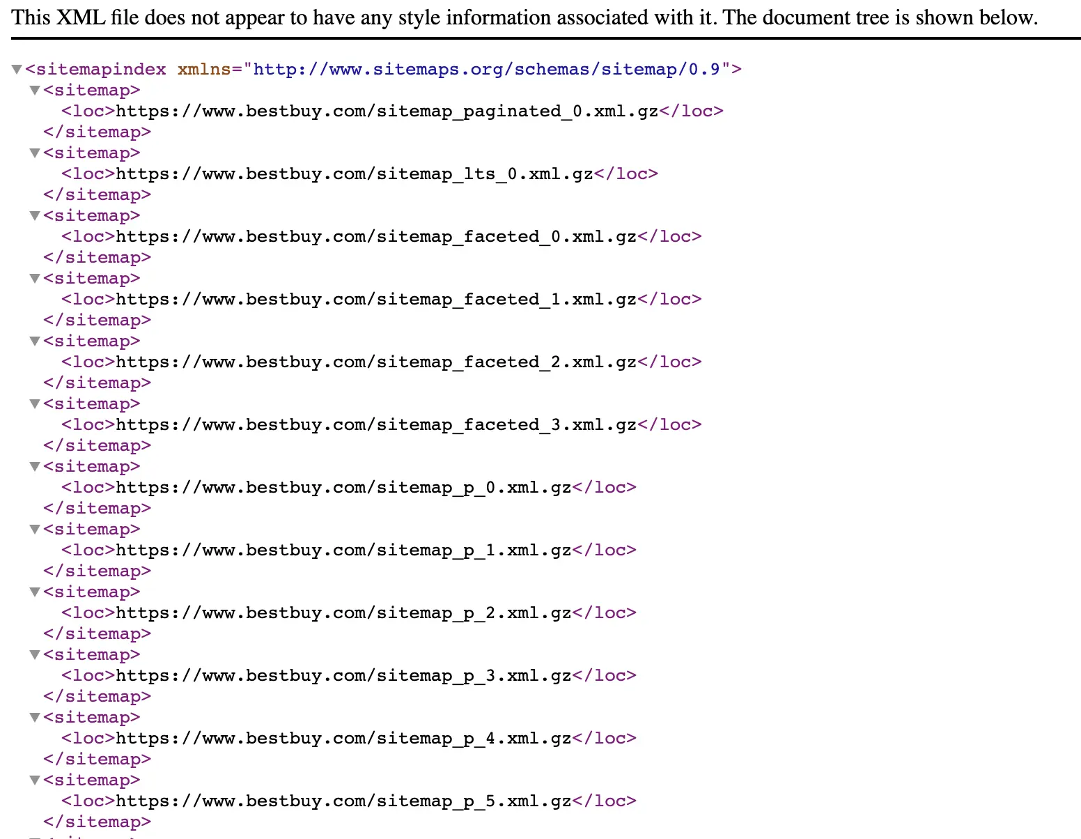 Best Buy sitemap using a sitemap index made up of multiple compressed .gz sitemap files.