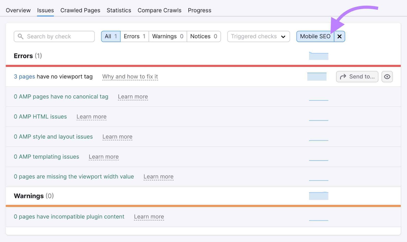 Filtro di categoria impostato su "Mobile SEO" nella scheda "Problemi" di Site Audit