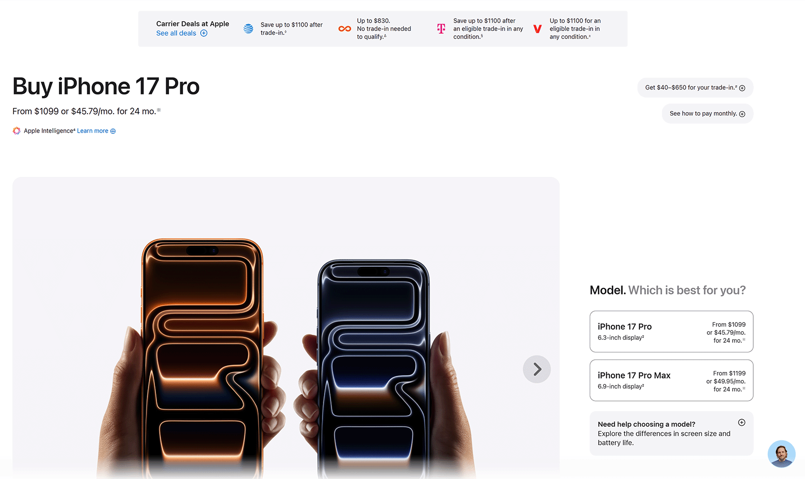 Apple iPhone 17 Pro product page with pricing, model comparison, and large product images