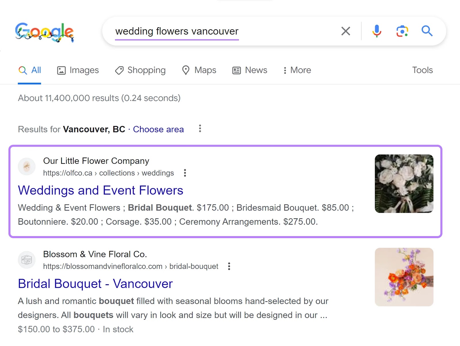 Resultados de búsqueda en Google para "flores de boda vancouver"