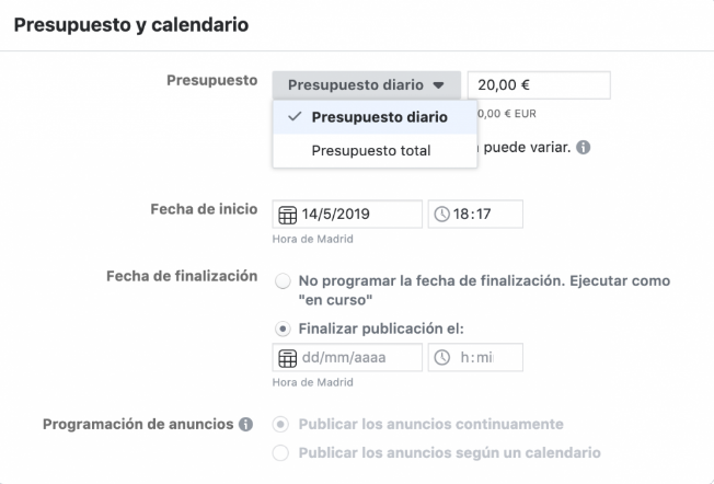 Instagram ads - Presupuesto campañas