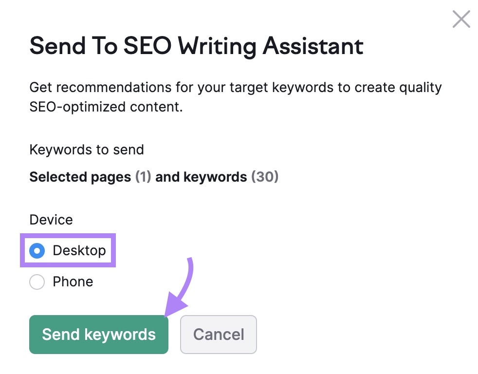 Einstellungen "An SEO Writing Assistant senden" mit "Desktop" als Gerät ausgewählt und "Keywords senden" angeklickt.
