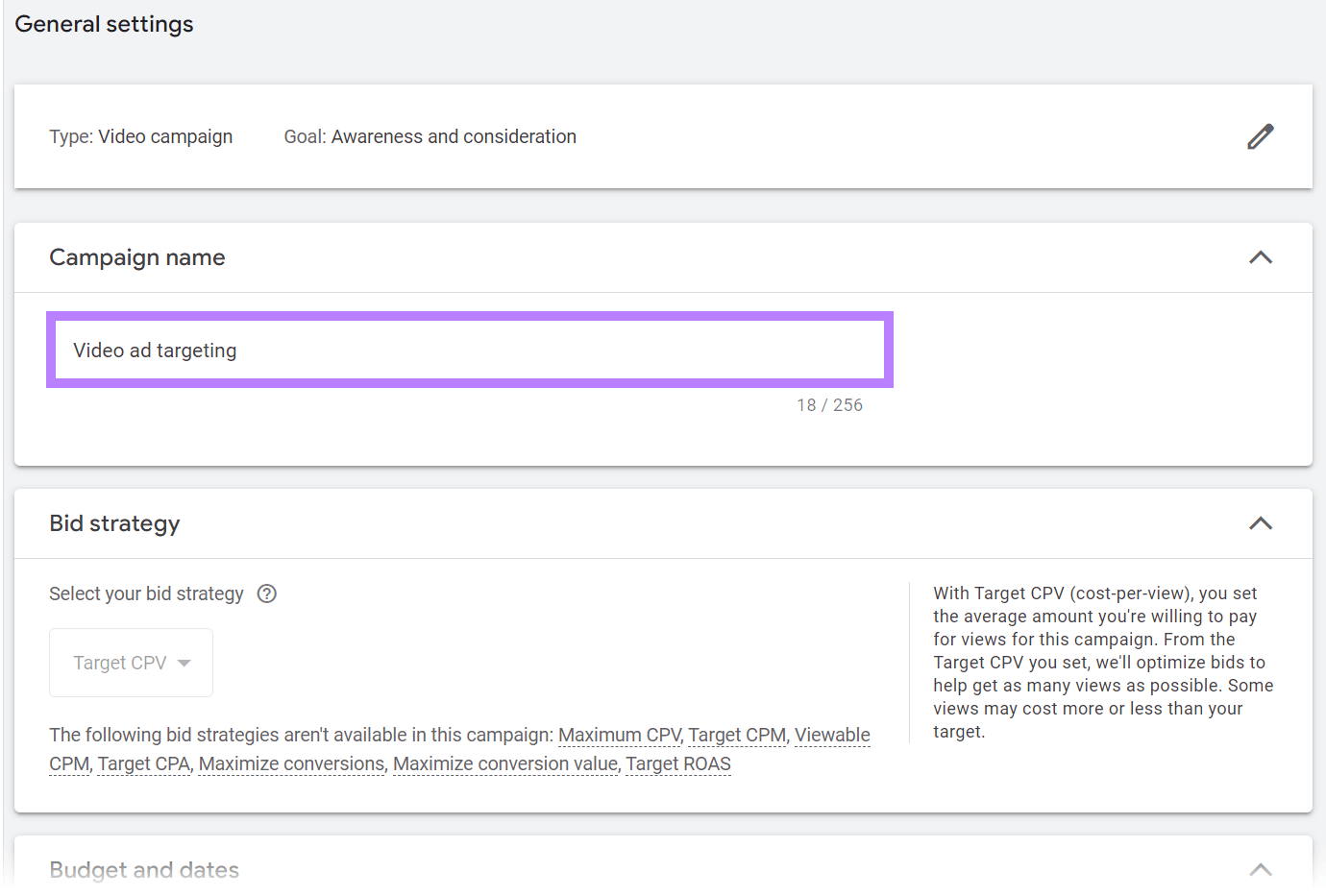 Der Name „Videoanzeigen-Targeting“ wurde der Kampagne hinzugefügt.